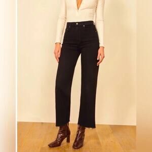 REFORMATION Stretch Flood Hi-Rise Raw-Hem Jeans in Black Size 27 Frayed Cropped